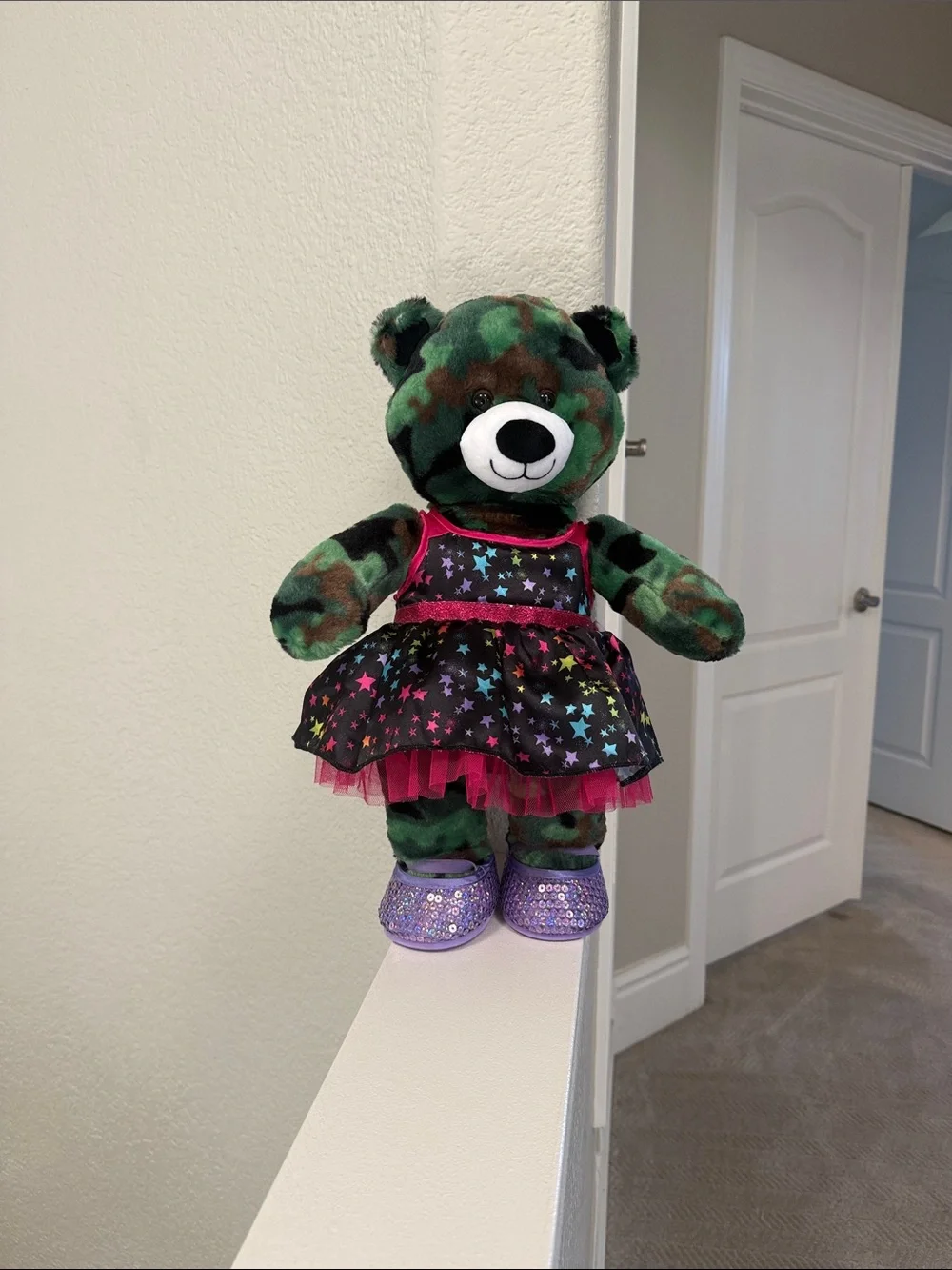 Build a Bear Plush Green Camo Bear in Starry Dress - Kids Toy